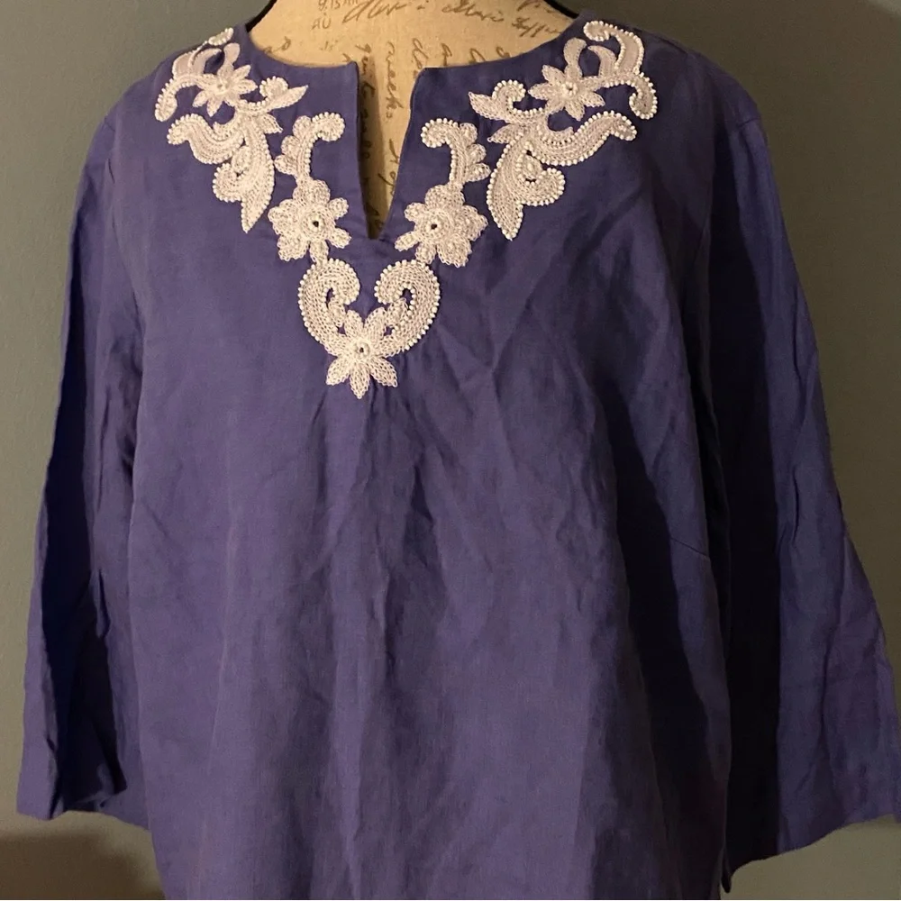 Talbots blouse womens 1X embroidered 100% linen Purple Top summer resort elegant - Picture 1 of 8